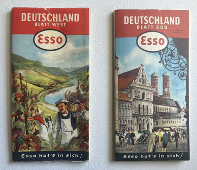 Vintage 1955 Esso Germany Road Maps Deutschland Blatt West Sud Set of 2 Gas Oil