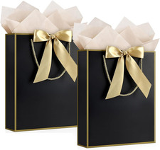 2PCS Medium Gift Bags with Ribbon and 2 Greeting Cards 4 Tissue Papers, Portable