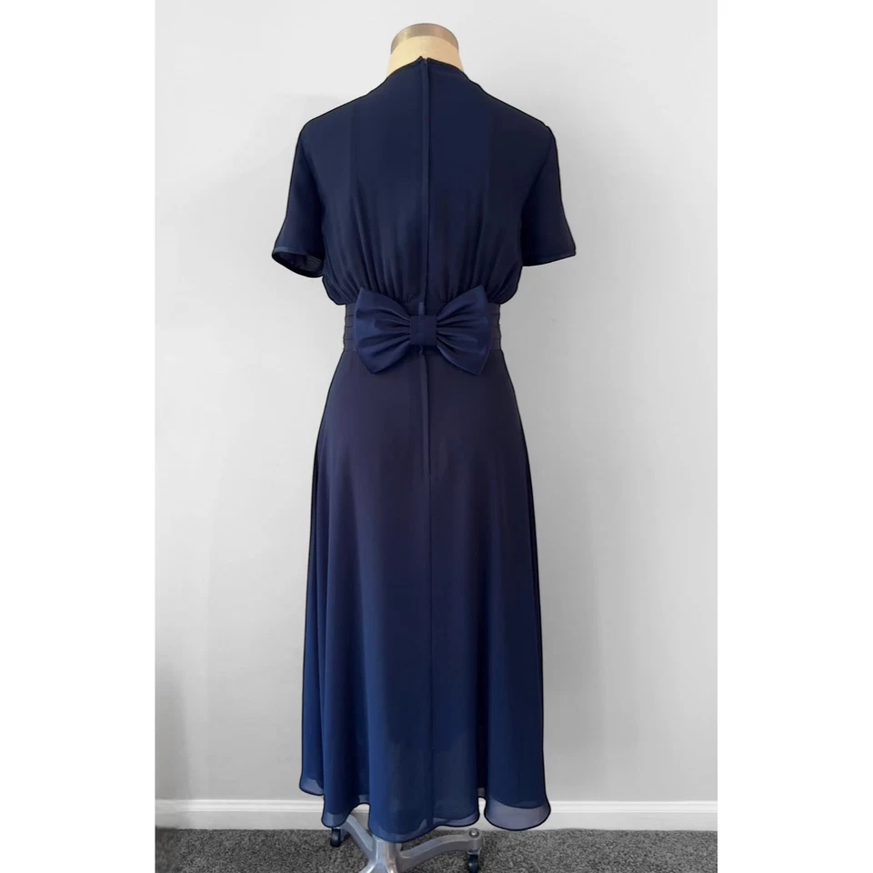 Talbots 80s 90s Vintage Navy Chiffon Cottagecore Bow Evening Midi Dress Size 4 - Image 4 of 4