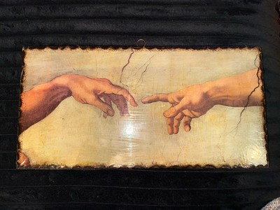 Creation Of Adam painting 15x7.5x.5  BurntWood Replication By Michelangelo Italy