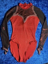 Vintage Figure Skating Costume Red Shimmer Mesh Sleeves Sweetheart Bodice Medium