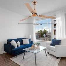 52 Inch Ceiling Fan Remote Control 3 Iron Blades Home DC Motor Bedroom Gold 22W