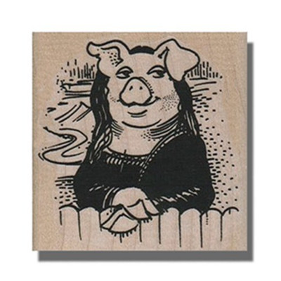 Wood Rubber Stamp, PIG MONA LISA, Animal, Art, Artistic,Painting, Fun,Farm,Fence