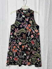 Tres Bien Black Colorful Floral Shift Dress Mock Neck Sleeveless Made USA Sz L