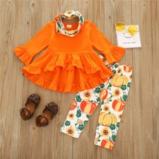 NEW Hi Low Ruffle Tunic Pumpkin Leggings Scarf Girls Outfit Set 2T 3T 4T 5T