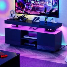 Modern Black TV Stand for 55” TVs - LED Lights, Power Outlets High Gloss Console
