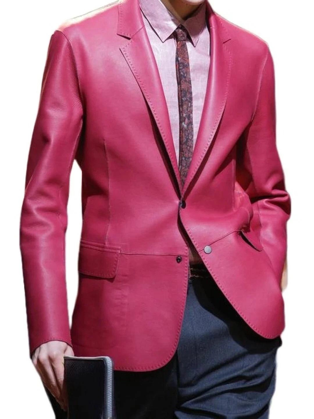 Leather Blazer Jacket Men's Coat Lambskin Soft Men Two Real Button 100% Pink 4
