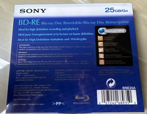 SONY ACCUCORE 25GB BD-RE Blu-ray Disc Rewritable, NEW AND SEALED - Afbeelding 2 van 2