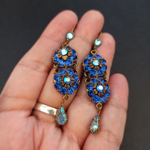 Michal Negrin Earrings Royal Blue With Swarovski Crystals Statement Long Flowers - Picture 3 of 19