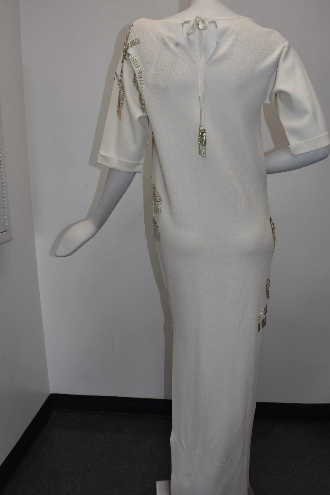 OFF WHITE Abito $2095 NUOVO ESCADA DINAR Maxi Off Bianco Viscosa ORO Perline S