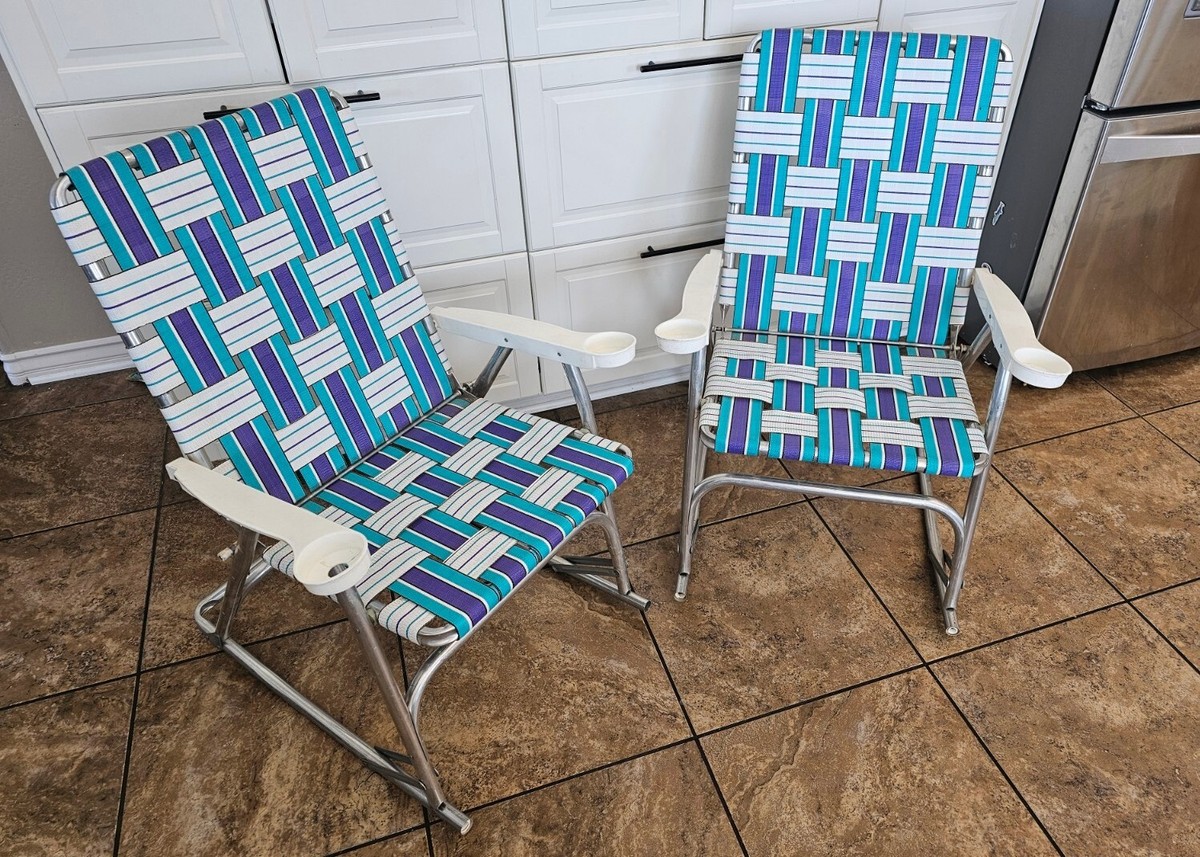 Vintage Aluminum Folding Webbed Rocking Chairs With Cup Holders