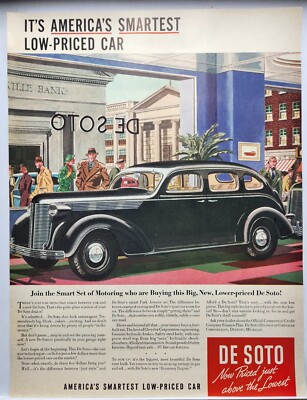 1937 Desoto Chrysler Black Bank Street Scene Original Print Ad Life Magazine 30s