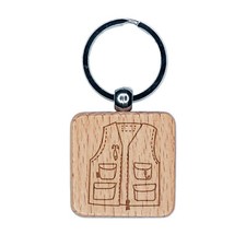 Fishing Vest Doodle Engraved Wood Square Keychain Tag Charm