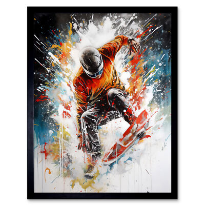 Extremsport Snowboarden Farbe Splat Portrait gerahmtes Kunstbild Druck 9 x 7 Zoll