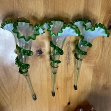 3 Vintage Green Glass Epergne Trumpet Ruffled Vases.
