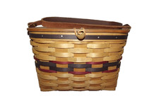 American Traditions Handwoven Wood Lid Purse Basket Leather Hinges Strap Vintage