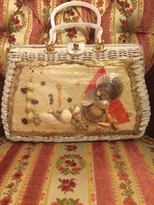Vintage Large White Wicker Purse Seashell Diorama Miss Princess