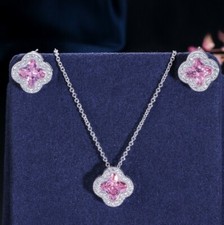 Clover Natural Flower Pink Topaz Gems Silver Necklaces Pendants Earrings Set