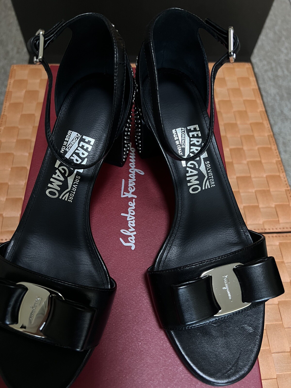 Salvatore Ferragamo Black Gavina Bow Patent Studded  Leather Sandals.Size 7C.NWB