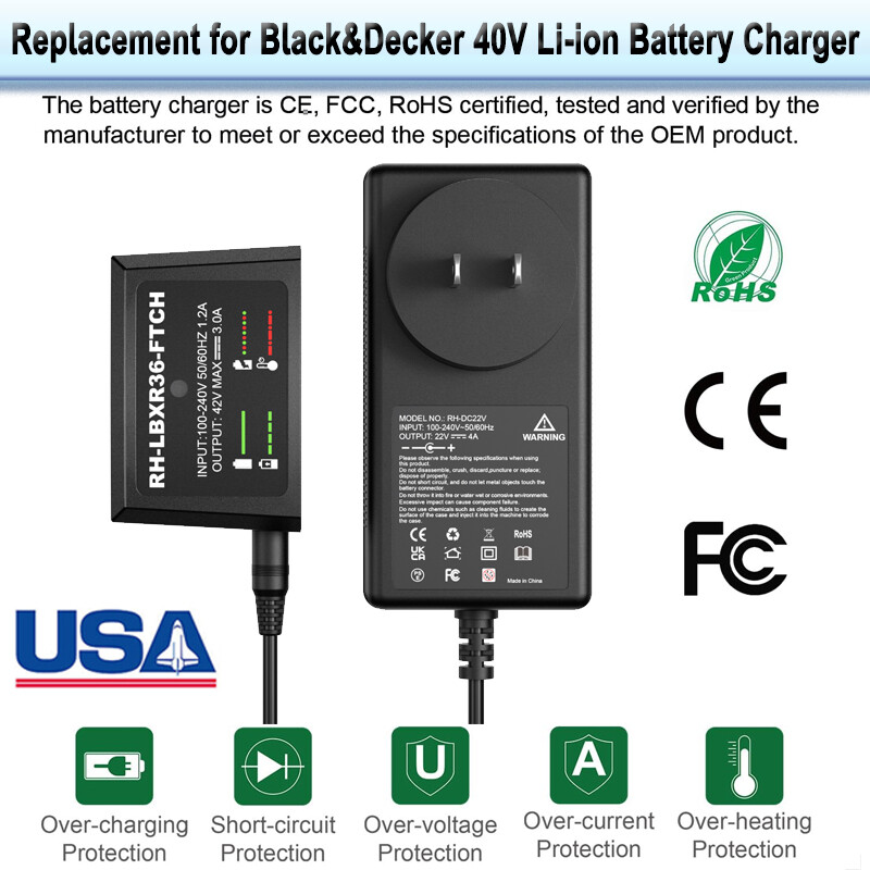 36V 40V Mini Charger for Black+Decker LBXR36 LBX36 LBXR2036 LBX2040 Batteries