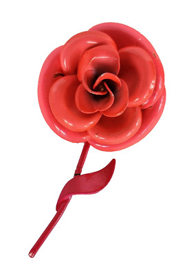 Retro 1960s Mod Bright Fusia Pink Rose Flower Floral Stem Enamel Brooch Pin 3''