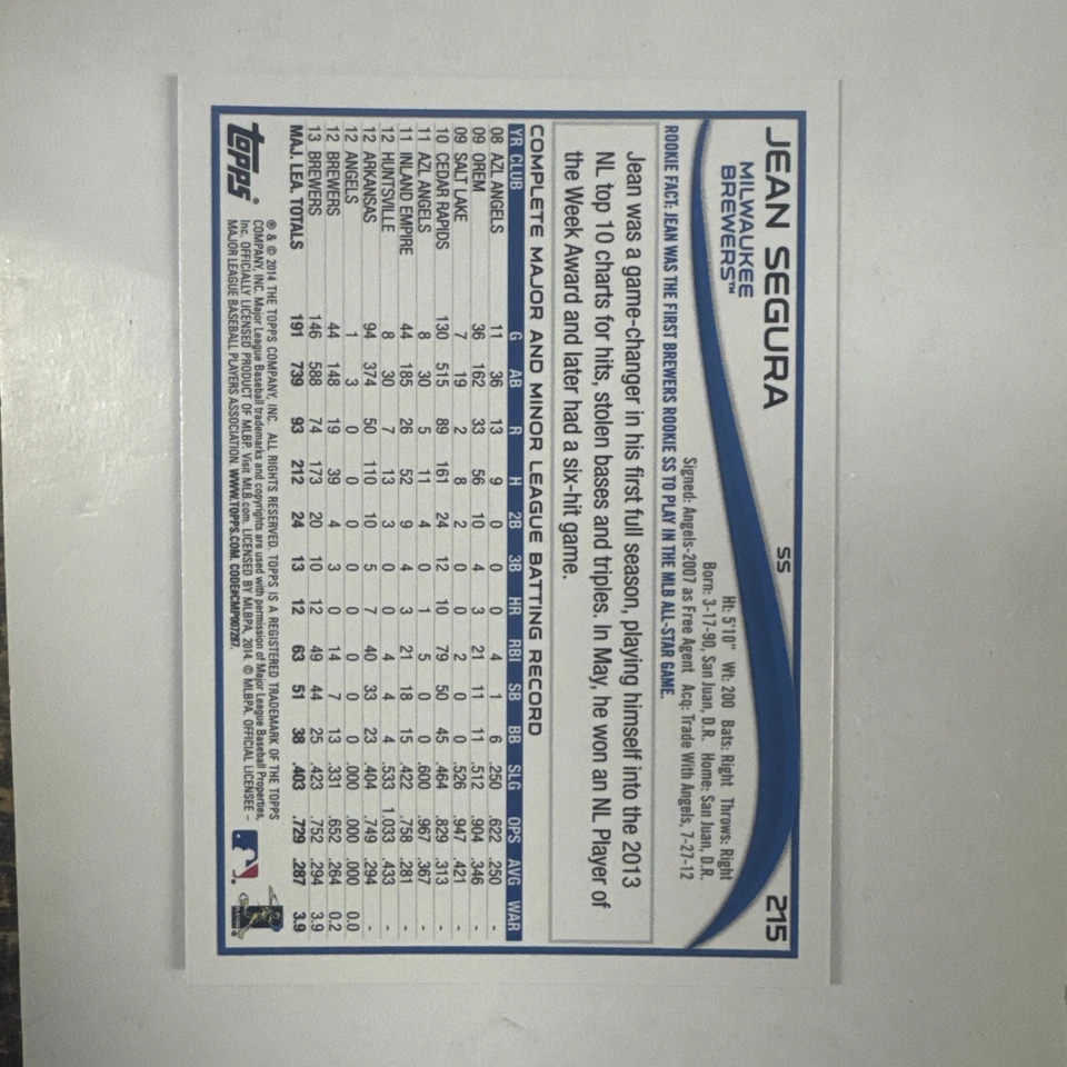 2014 Topps - Future Stars Red Hot Foil #215 Jean Segura B5 - Image 2 of 2