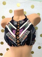 Victoria's Secret PINK High Neck Strappy Bikini Swim Top Multicolor Lines SX NWT