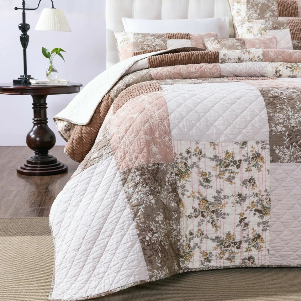 DaDa Bedding Floral Cottage Patchwork Tan Pink Beige Cotton Quilt Bedspread Set - Image 3 of 4