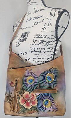 Anuschka Hand Painted Leather Shoulder Bag Peacock Feathers & Hibiscus Flowers
