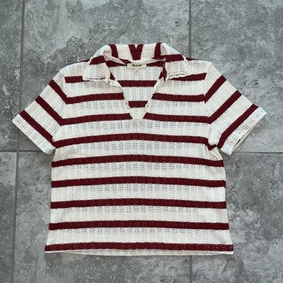 Madewell Crochet Knit V Neck Polo Short Sleeve Sweater Tee Shirt Red Ochre XS