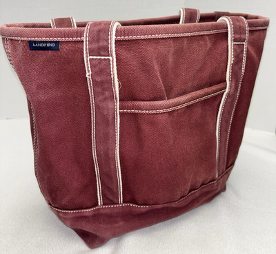 LANDS END Heavyweight Canvas Tote Open Maroon Pockets Inside & Out Key Fob Med
