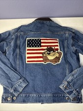 Taz Looney Tunes WB Warner Bros Vintage Denim Jean Jacket Sz M US Flag USA 90s