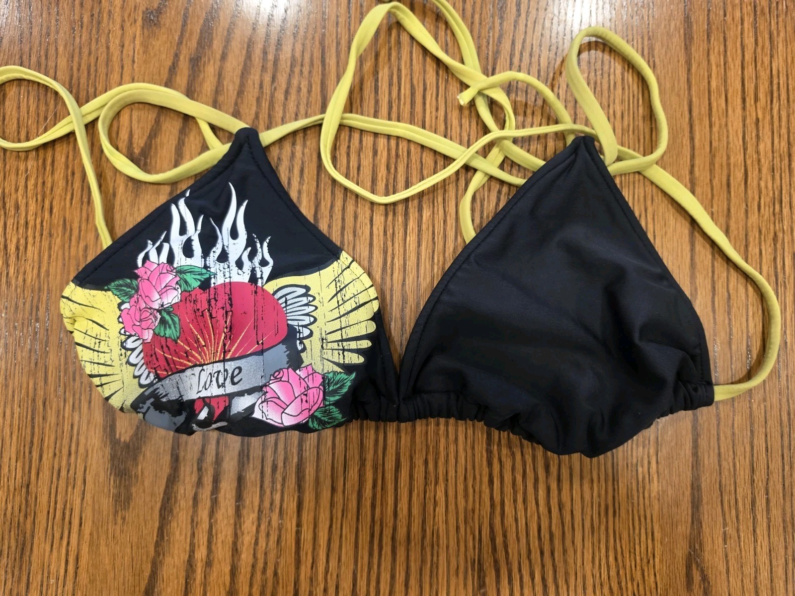 Vintage Y2K XL Bikini Top Tattoo Heart Skull Floral Halter Swim Baddie McBling