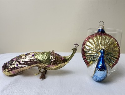Qty 2 Peacock Christmas Ornament Hand Blown Glass Kurt Adler Komozja & Bronner's
