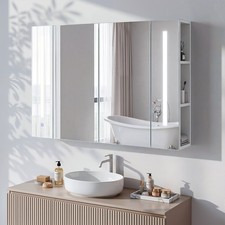 Double Door LED Bathroom Mirror Cabinet Cupboard With Side Shelves Wall Gheatnxf