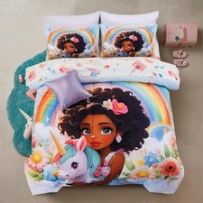 Rainbow Unicorn Flower Kids Comforter Set for Girls Queen 6-Piece Blue-pink
