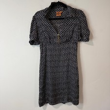 Tory Burch Womens Polka Dot Silk Mini Dress 4 Navy Blue Gold V-Neck Puff Sleeve