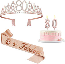 80Th Birthday Decoration for Women Rose Gold Tiara Sash Candle