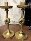 Pair of Solid Brass Gothic Revival Candleholders Pierced Quatrefoil Decoration