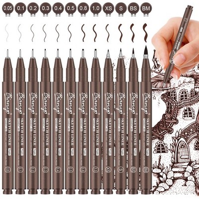Sepia Tone Drawing Pen Set, 12 Assorted Sizes Sketch Liner, Water-Resistant A...