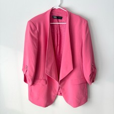 Zara Hot Pink Open Front Blazer Rolled Sleeves Professional Business Feminine