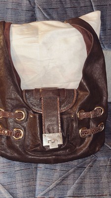 Jimmy Choo Brown Shoulder Bag Grommet Buckle Accent Gold Hardware Inner Pockets