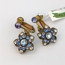 Orecchini Michal Negrin blu cristallo fiore piccola goccia clip su vite retro vintage