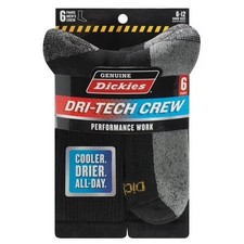 6 Pack Genuine Dickies Mens Dritech Crew Socks Moisture Control Black Size 6-12