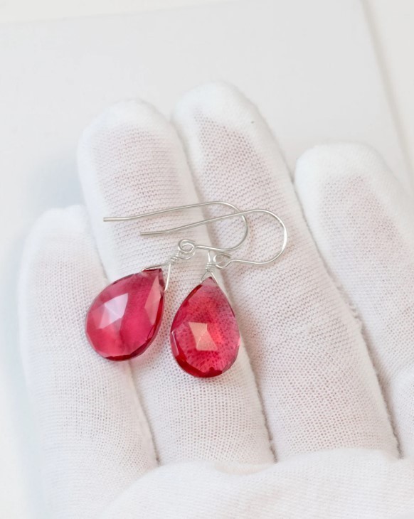 Hot Pink Earring, Sapphire Teardrop Drop Sterling Silver 14k Gold Filled Earring