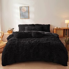 Fur Comforter Cover Set - Ultra Soft Fluffy Plush Bedding Sets 3 Queen Black