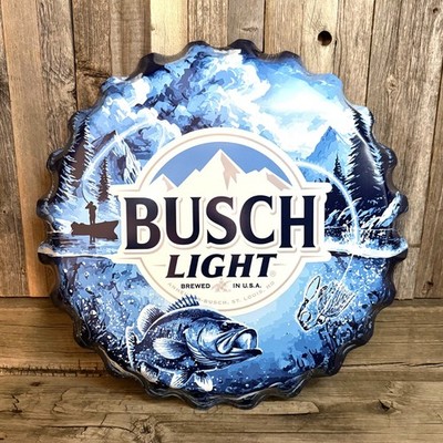 Busch Light Beer Bottle Cap Large 18'' Bass Fishing Metal Aluminum Sign Garage