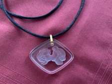 Signed Lalique Crystal Pendant Le Baiser “The Kiss” With Silk Cord Necklace