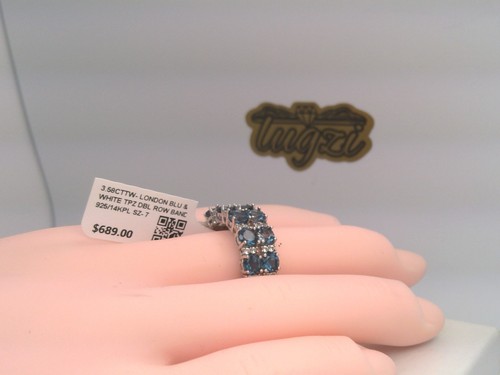 $689-3.58CTTW NATURAL London BLUE Topaz & WHITE TPZ DOUBLE BAND 14KPL/925- SZ 7 - Picture 11 of 11