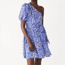 Nine West Fit & Flare Blue Leopard Print One-Shoulder Dress Size Small
